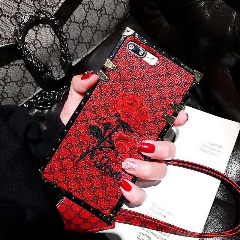 Embroidery Rose Flower Square Phone Case
