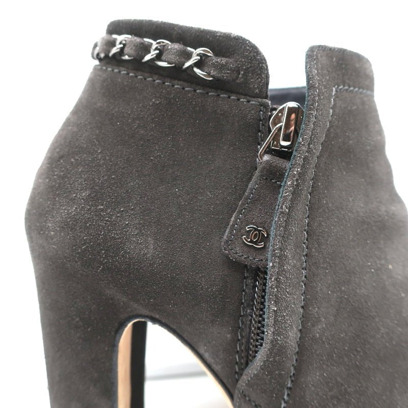 Chain-Trim Ankle Boots Dark Gray Glitter Suede Size 37 High Heel Booties